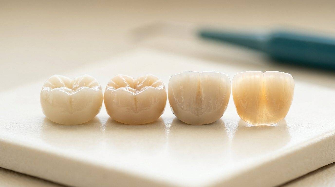 Dental crowns of increasing translucency lined up, from opaque monolithic zirconia to lifelike lithium disilicate