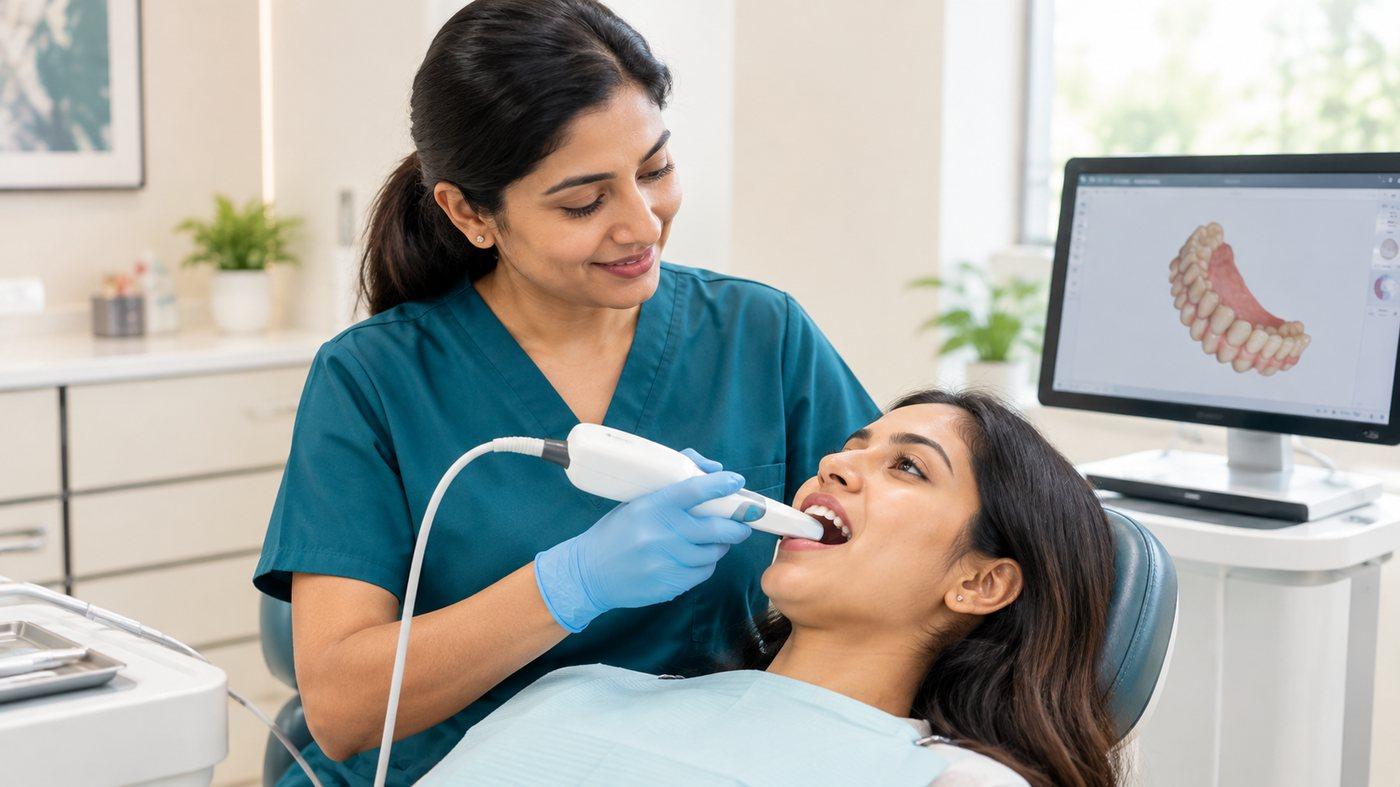 A dentist taking a digital impression with an intraoral scanner while the 3D arch appears on the chairside monitor