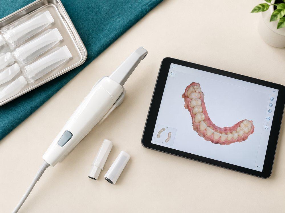 Flat-lay of an intraoral scanner wand, disposable tips and a tablet showing a 3D digital scan of a dental arch