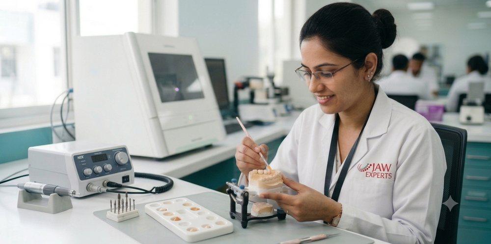 A dental technician finishing a prosthesis at the Jaw Experts lab