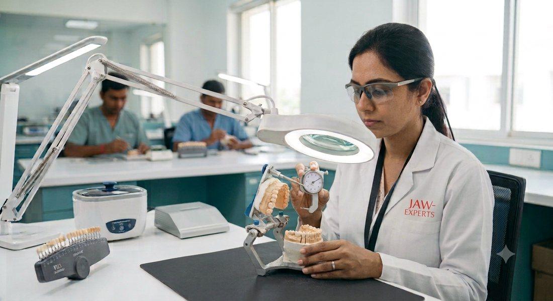 A qualified dentist inspecting a prosthesis under magnification at Jaw Experts