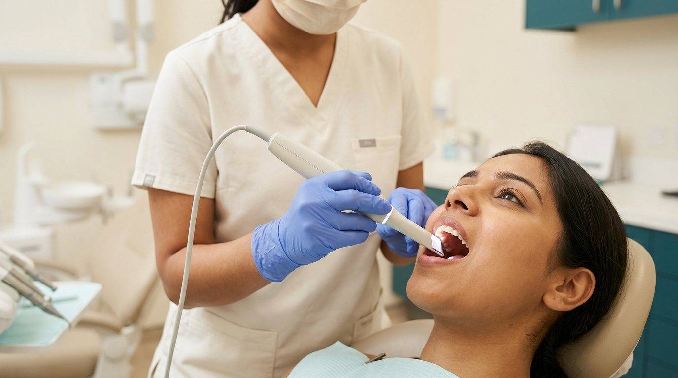 A dentist taking a digital impression with an intraoral scanner during a patient appointment