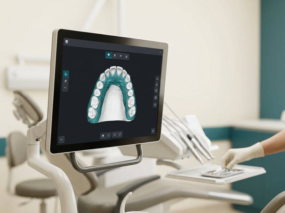 An intraoral scanner's 3D digital impression of a dental arch displayed on a chairside monitor