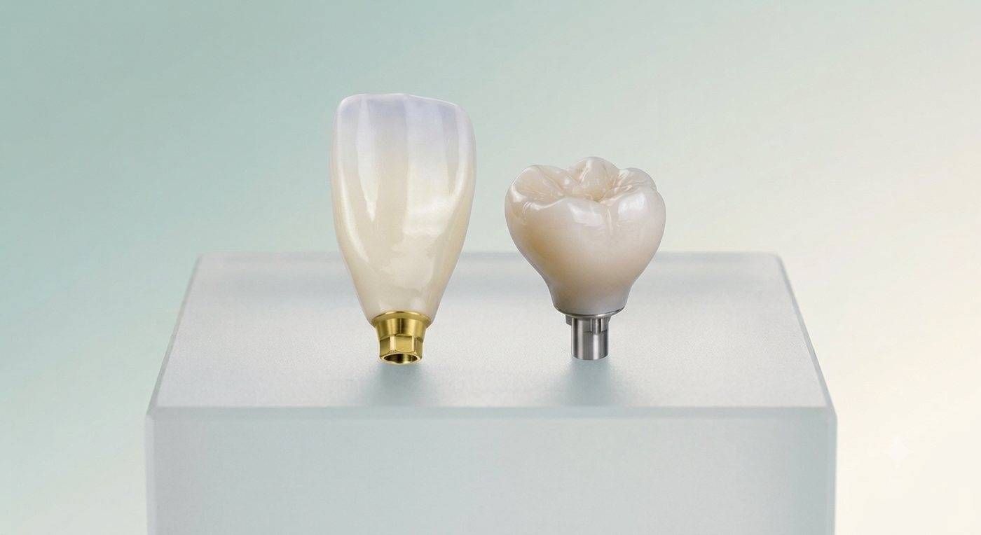 Implant-supported crowns on a model showing screw access and abutment detail