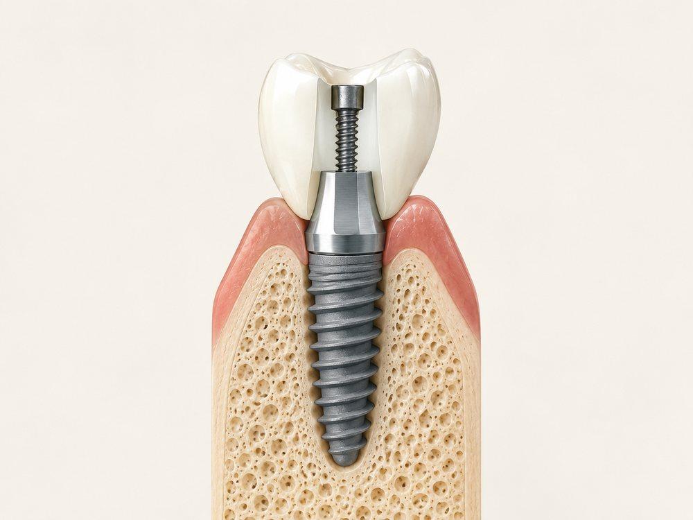 Cross-section of a screw-retained implant crown showing the internal screw channel running through the crown into the implant in bone