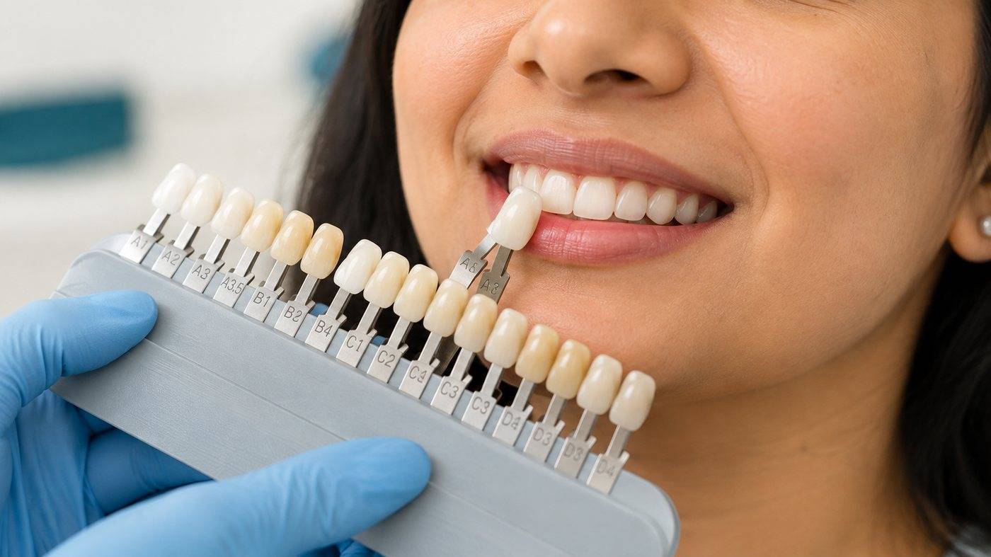 A dentist holding a shade guide of tooth tabs against a patient's smile to match the shade in daylight